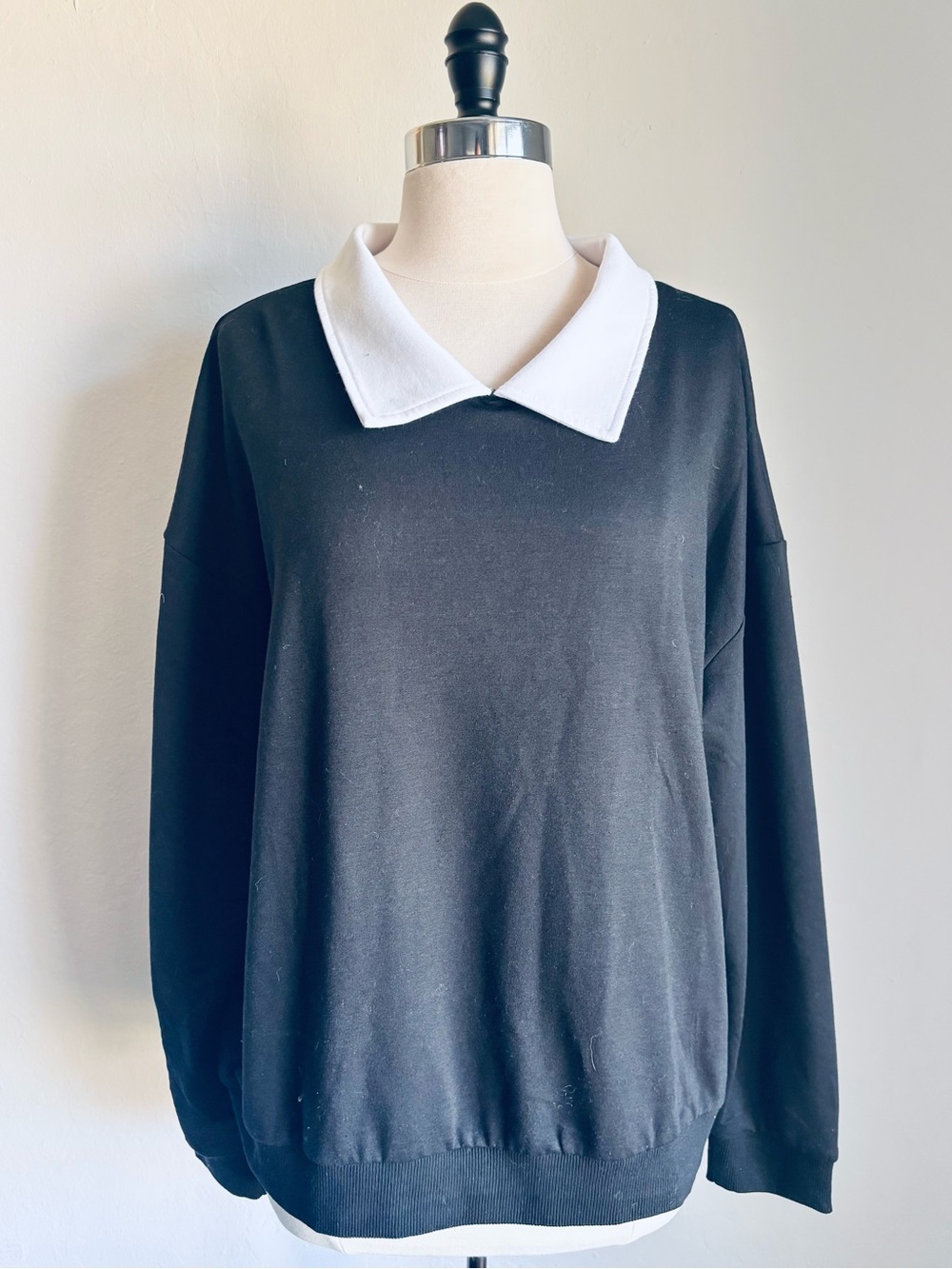 Black Relaxed Fit Drop Shoulder Sweater with White Contrast Collar